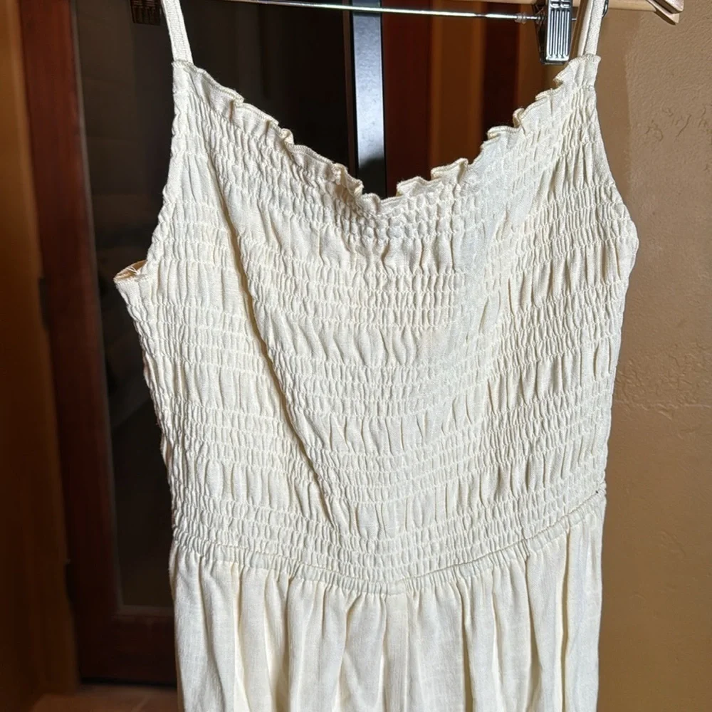 H&M Linen Blend Smocked Wide Leg Jumpsuit Cream Beige Strappy Size Small